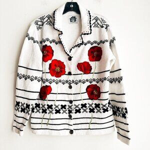 Vintage Storybook Knits Floral Poppy Beaded Cardigan M